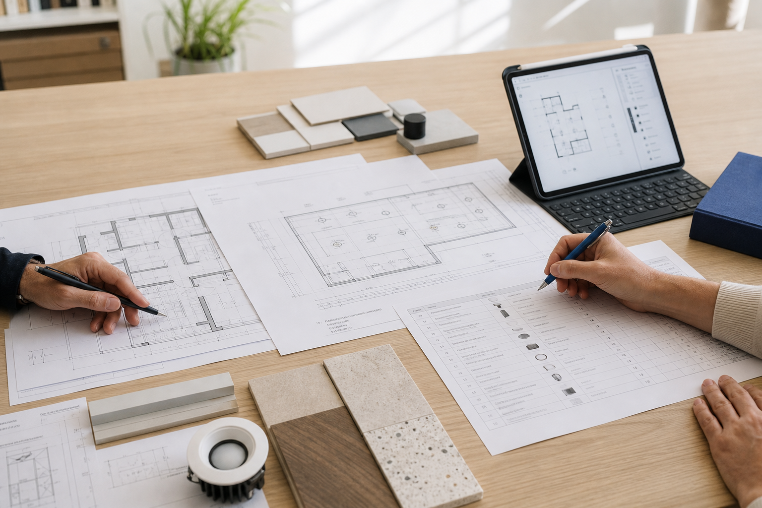 Especialistas revisando planos arquitectónicos y el BOM de una solución tecnológica