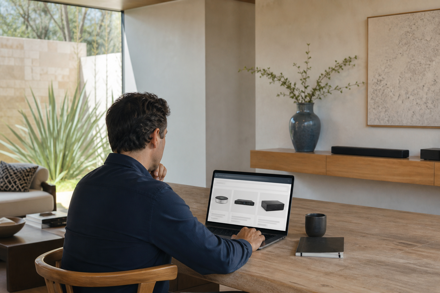 Cliente comprando en línea productos de audio, video y redes para su espacio