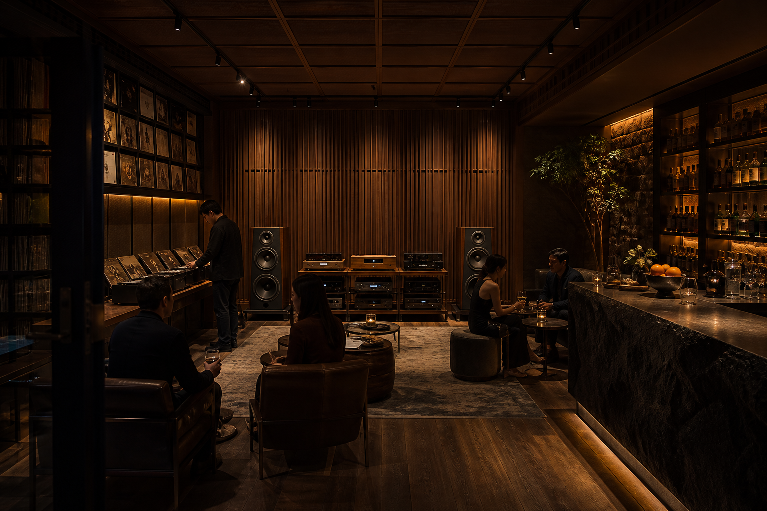 Listening bar hi-fi de arquitectura contemporánea con sistema de audio de alta fidelidad y selección de vinilos